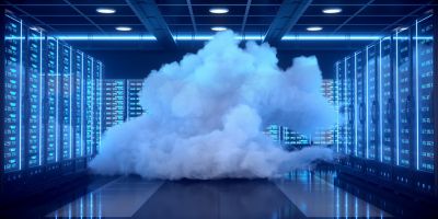 Large fluffy cloud hovering inside a blue-tinted mainframe center, hybrid cloud in banking | DXC Technology